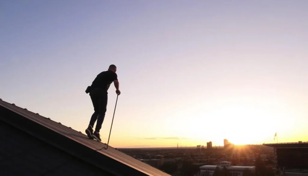 Generate an image of a person climbing the roofline of Adelaide Oval, with a panoramic view of the city in the background.