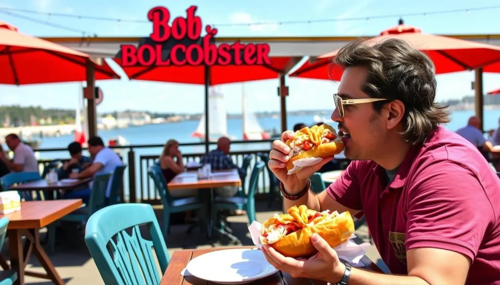 Generate an image of a person enjoying a lobster roll at Bob Lobster's outdoor patio.