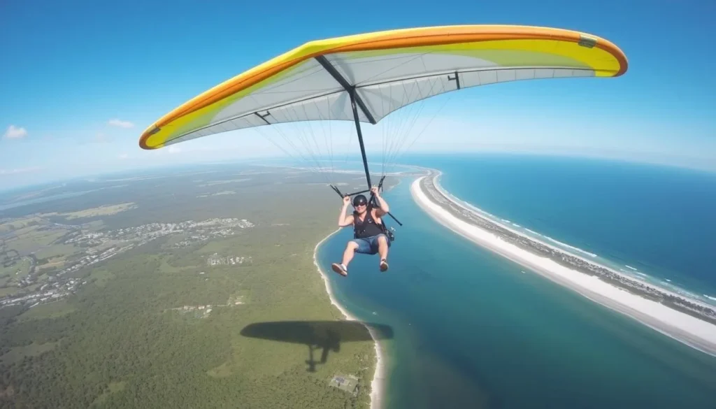 Generate an image of a person hang gliding over a scenic Florida landscape