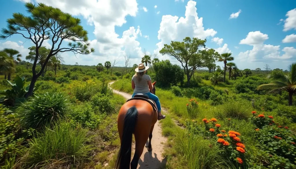 Generate an image of a person horseback riding through a scenic Florida trail