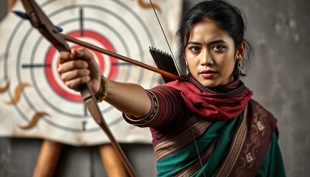 Generate an image of a person in traditional Nepali attire holding a bow and arrow, with a target in the background.