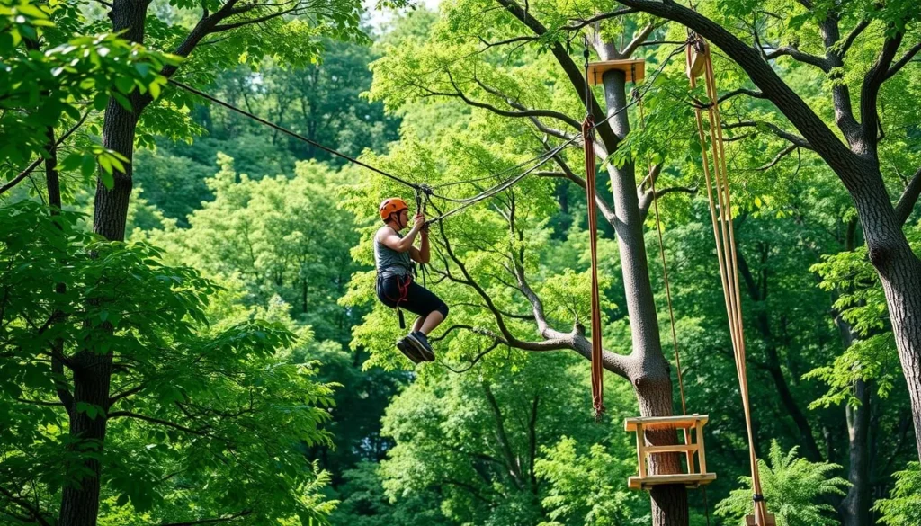 Generate an image of a person navigating through a treetop adventure course