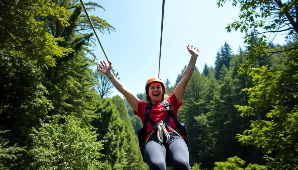 Generate an image of a person on the Rotorua Canopy Tours zipline.