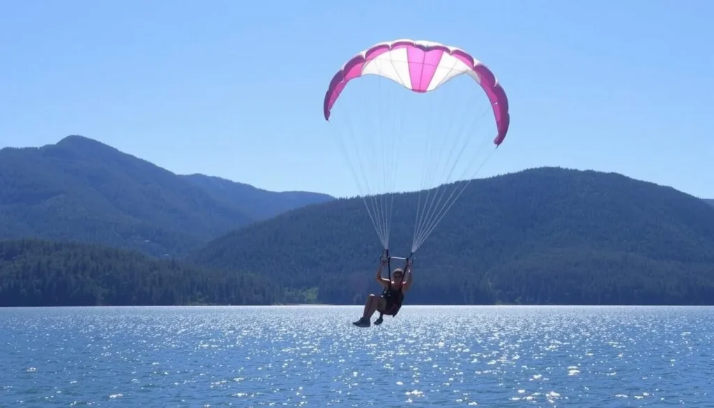 Generate an image of a person parasailing above Lake George, with the Adirondack Mountains in the background.