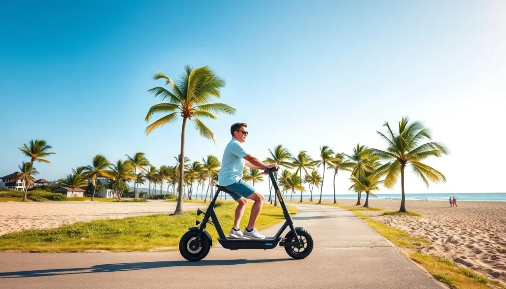 Generate an image of a person riding an electric scooter on a beach path with palm trees in the background.