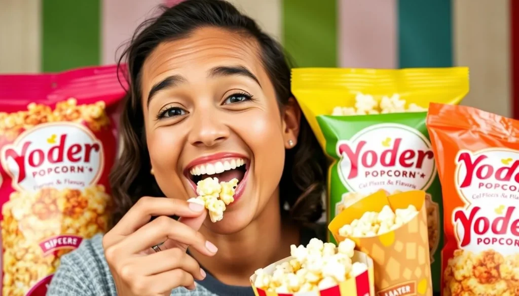 Generate an image of a person sampling Yoder Popcorn flavors.
