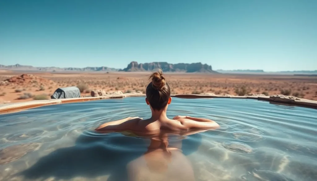 Generate an image of a person soaking in a natural hot spring surrounded by desert scenery