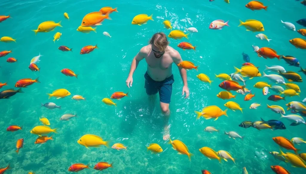 Generate an image of a person standing in knee-deep water at Ned's Beach, surrounded by a variety of colorful fish.