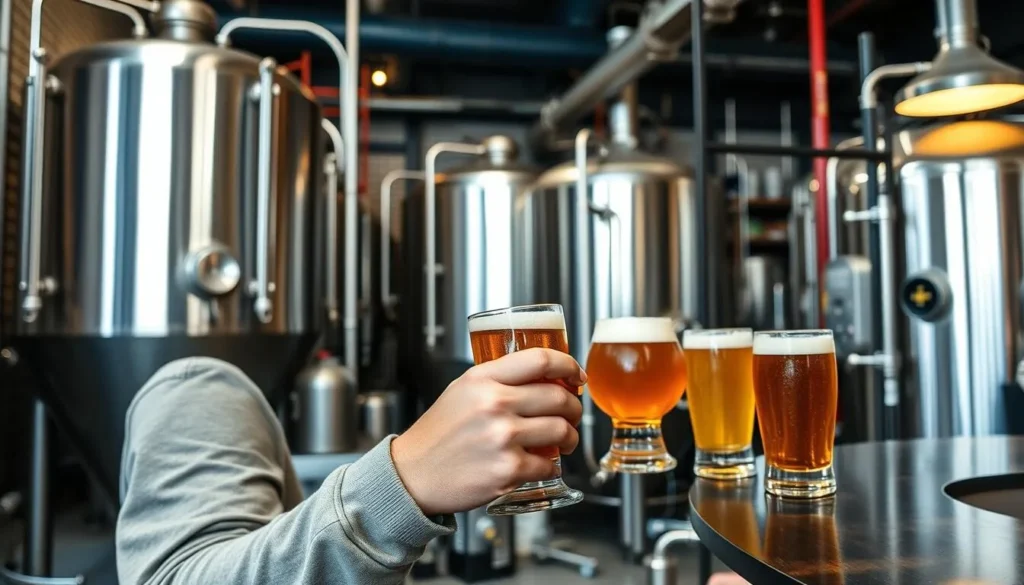 Generate an image of a person tasting beer at a Birmingham brewery.