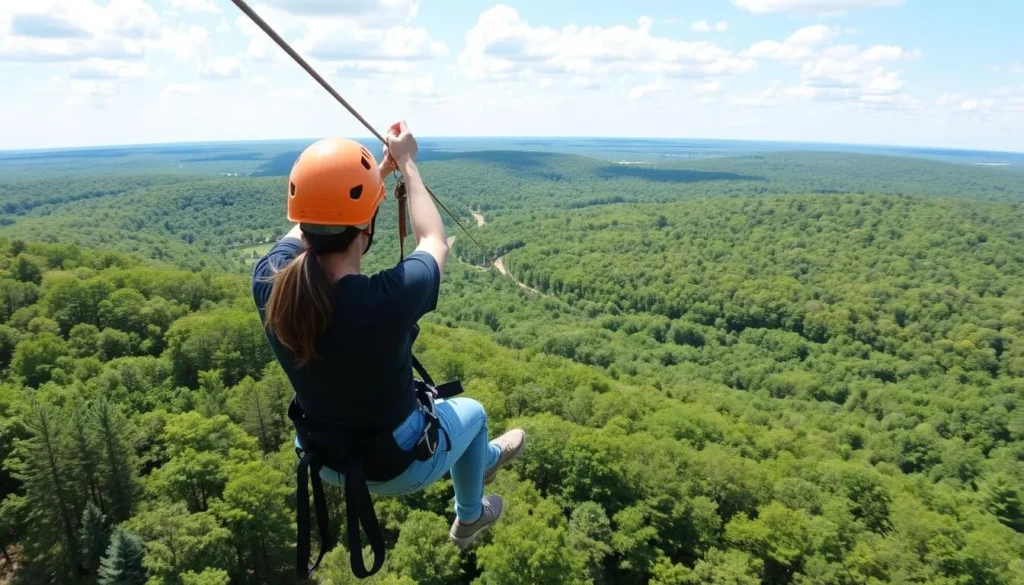 Generate an image of a person zip lining through the Shawnee Forest, highlighting the aerial views.
