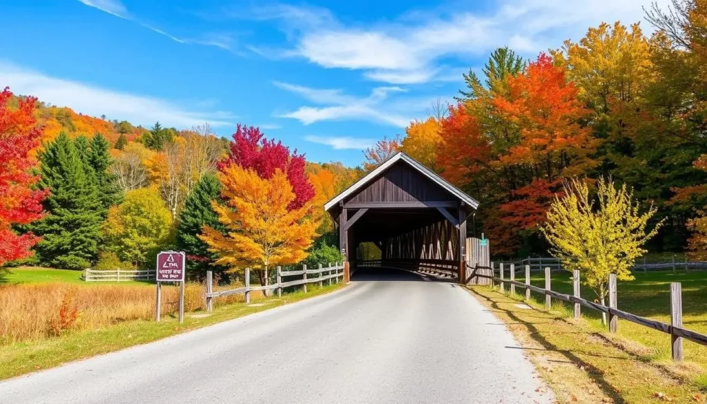 Generate an image of a picturesque covered bridge in Vermont.