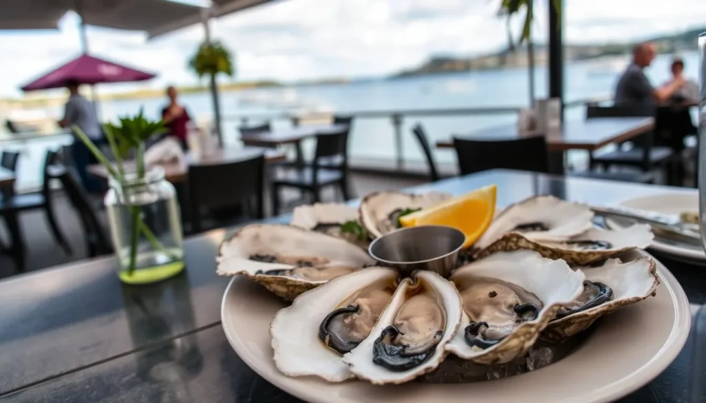 Generate an image of a plate of freshly shucked oysters at a waterfront restaurant in Batemans Bay.