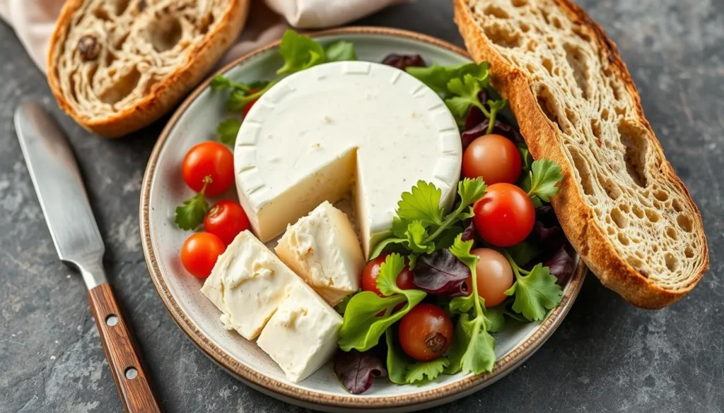 Generate an image of a plate with Rocamadour goat cheese, served with salad and bread.