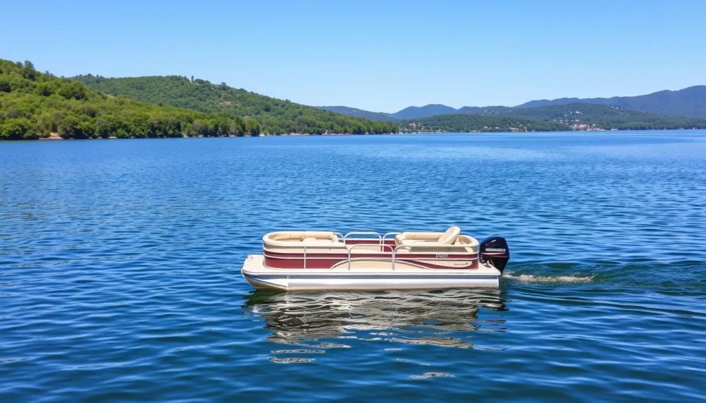 Generate an image of a pontoon boat on Lake George