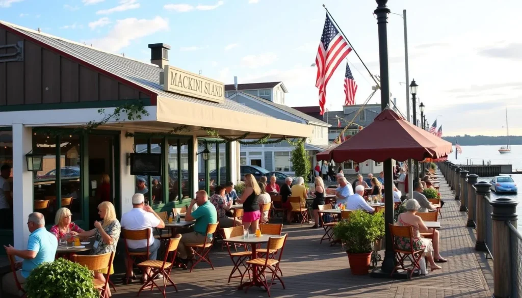 Generate an image of a popular waterfront restaurant on Main Street, Mackinac Island.