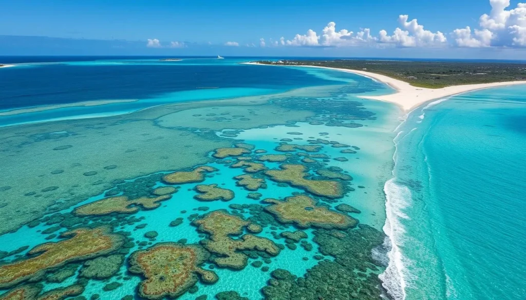 Generate an image of a pristine beach in the Abacos Islands with vibrant coral reefs and charming settlements. Generate an image of a pristine beach in the Abacos Islands with vibrant coral reefs and charming settlements.