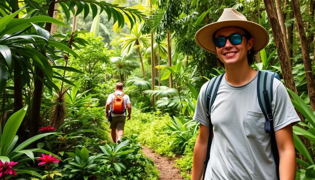 Generate an image of a private hiking guide leading a hiker through a lush, tropical forest on Oahu.