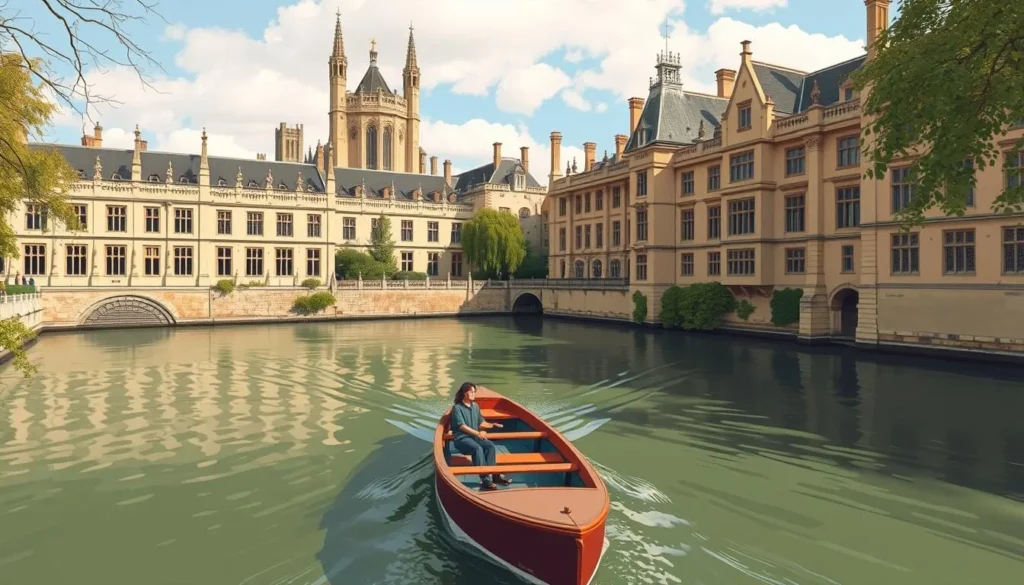 Generate an image of a punt gliding along the River Cam, past historic Cambridge colleges.