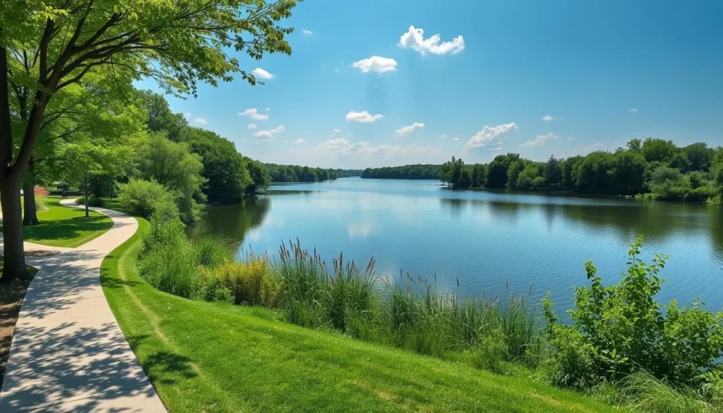 Generate an image of a quaint, lesser-known park in Hammond, Indiana, with a serene lake and walking trails.