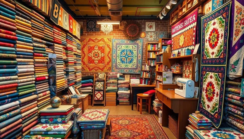 Generate an image of a quilting store with a vast collection of fabrics and quilts.