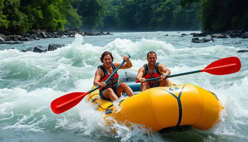 Generate an image of a raft navigating through the rapids of Kaituna River.