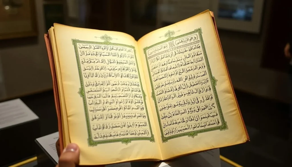 Generate an image of a rare Quranic manuscript on display at the Tareq Rajab Museum, highlighting its intricate calligraphy.