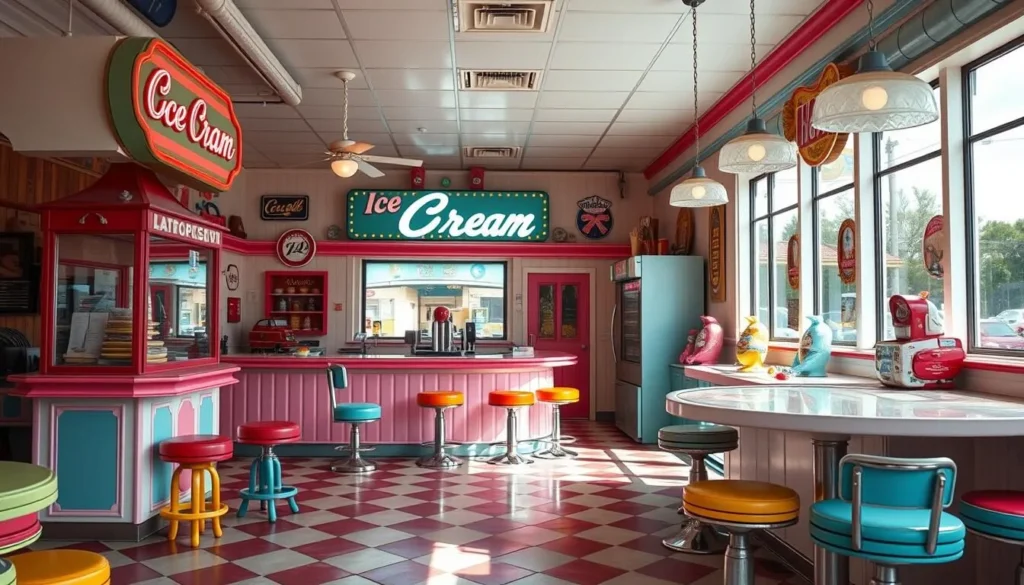 Generate an image of a retro-style ice cream parlor with vintage signage and classic ice cream parlor stools.