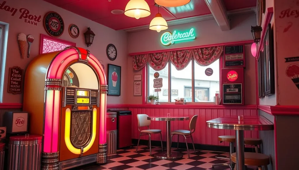 Generate an image of a retro-themed ice cream parlor with a jukebox and vintage decor.