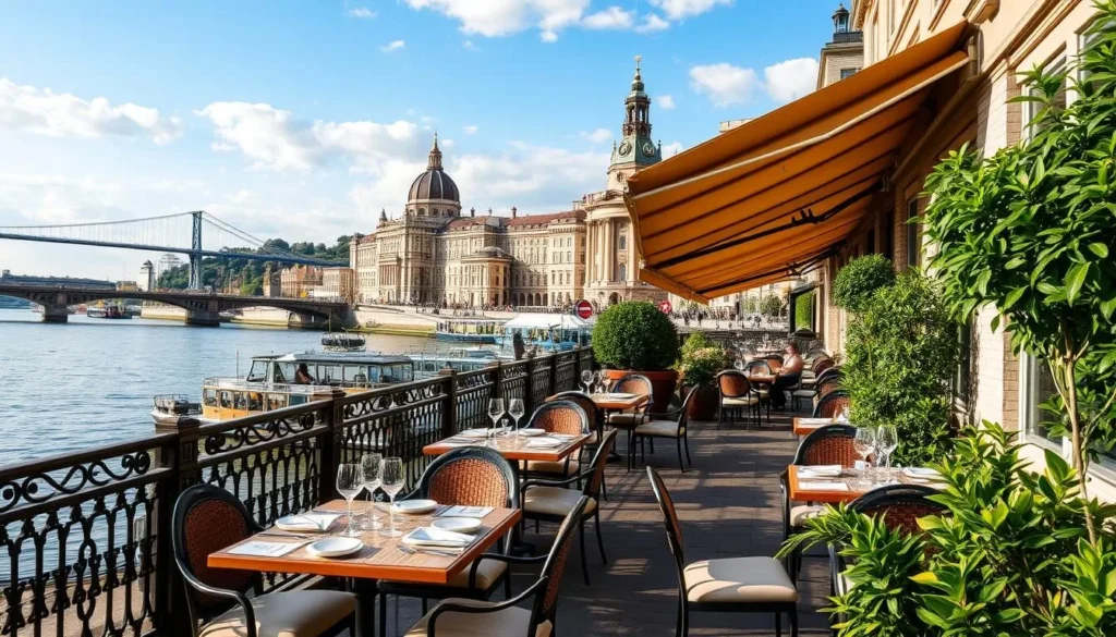 Generate an image of a riverside dining area with a historic backdrop