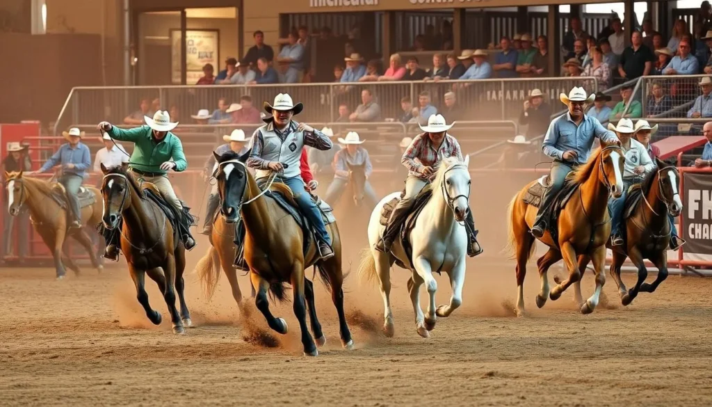 Generate an image of a rodeo event with cowboys and cowgirls riding horses and performing stunts.