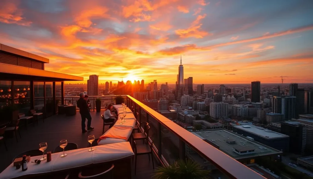 Generate an image of a rooftop bar in Melbourne with a stunning view of the city skyline.