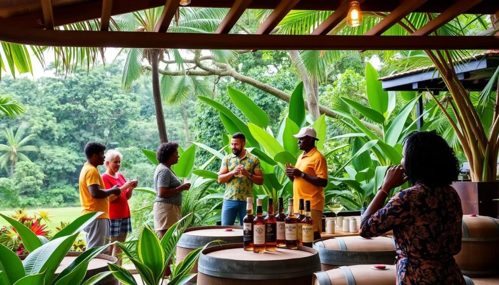 Generate an image of a rum tasting tour at Appleton Estate, with visitors sampling different rums in a tropical setting.