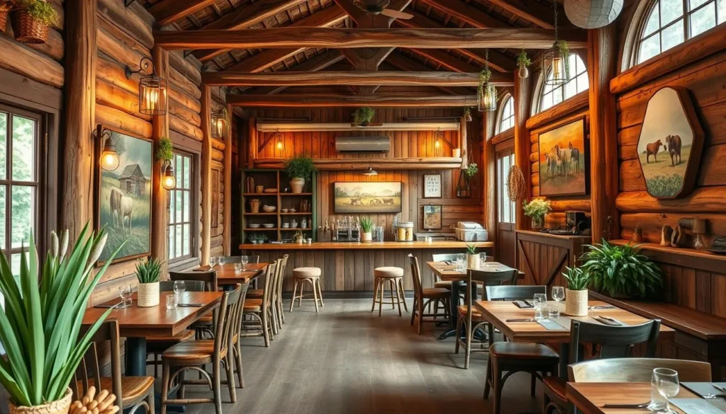 Generate an image of a rustic, farm-themed restaurant with a cozy atmosphere.