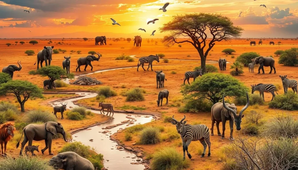 Generate an image of a safari tour in Burkina Faso's wilderness, with wildlife in their natural habitat. Generate an image of a safari tour in Burkina Faso's wilderness, with wildlife in their natural habitat.