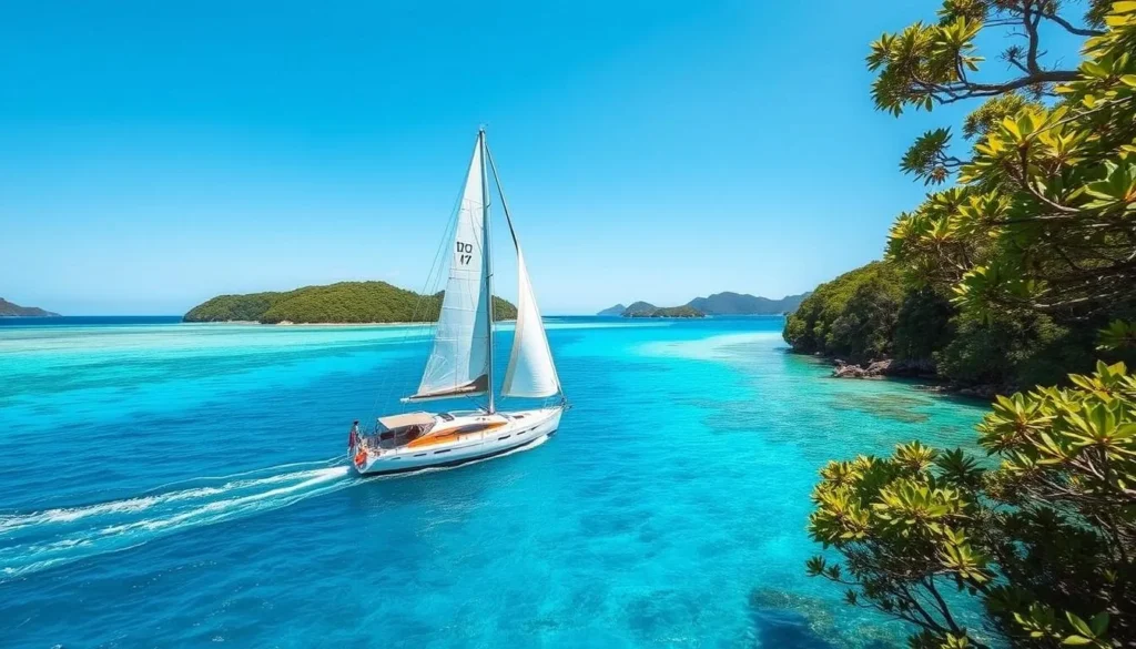 Generate an image of a sailboat navigating through the turquoise waters of the Whitsunday Islands