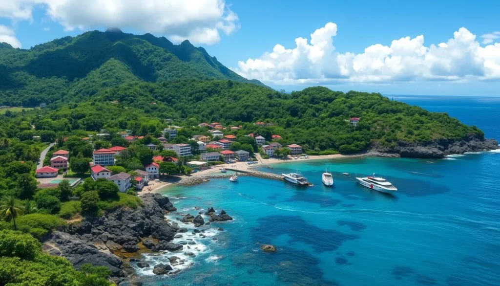 Generate an image of a scenic coastal location in Dominica that was used as a filming location for the Pirates of the Caribbean movies.