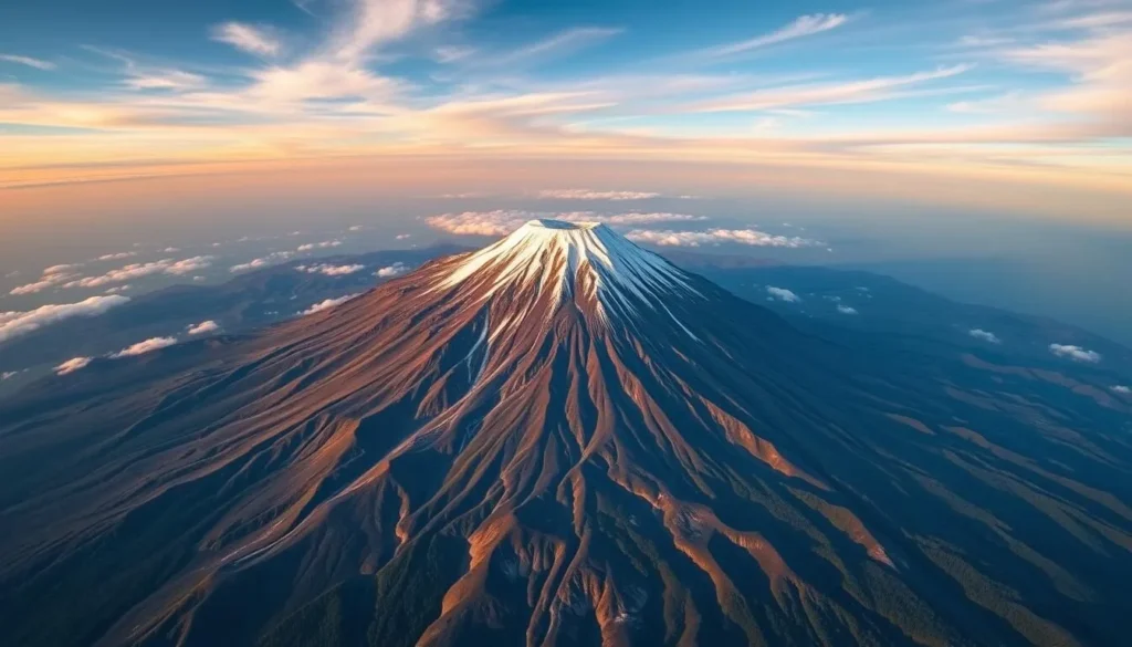 Generate an image of a scenic flight circling Mount Kilimanjaro's summit.