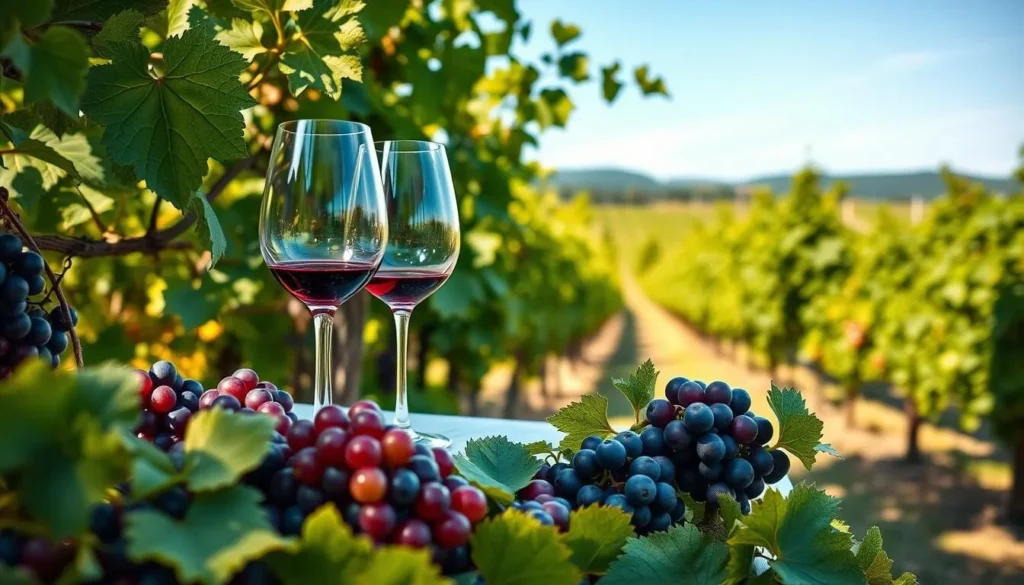 Generate an image of a scenic vineyard or winery with wine glasses and grapes.