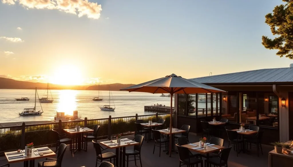 Generate an image of a seafood restaurant in Batemans Bay with a stunning view of the Clyde River.