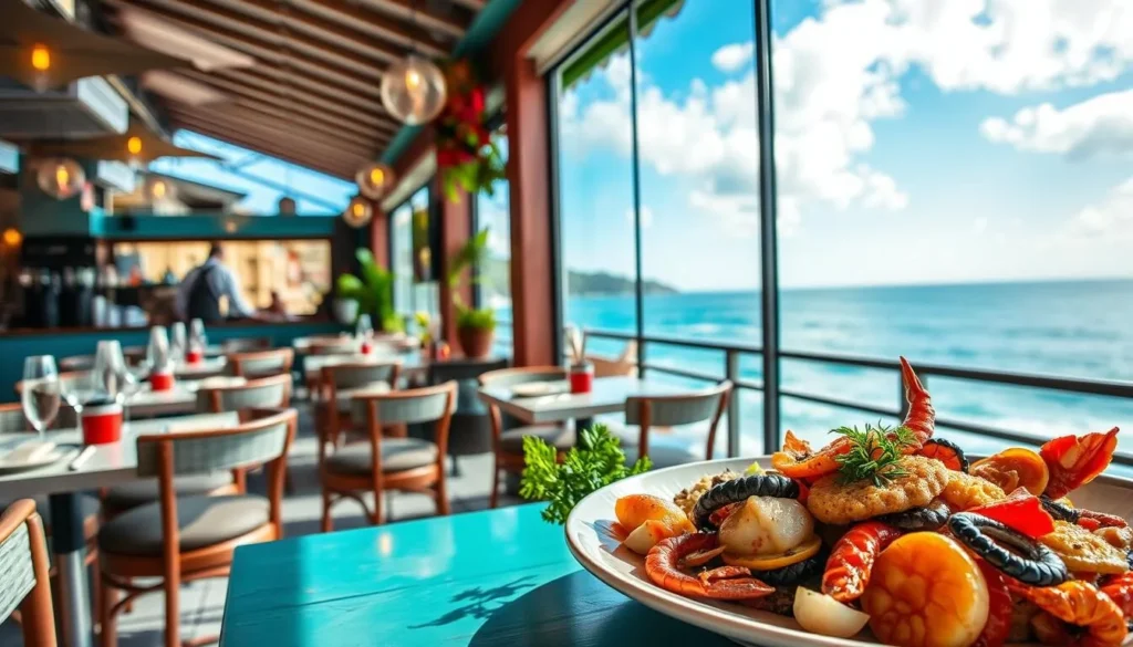 Generate an image of a seafood restaurant with a stunning ocean view, featuring a plate of freshly prepared seafood.