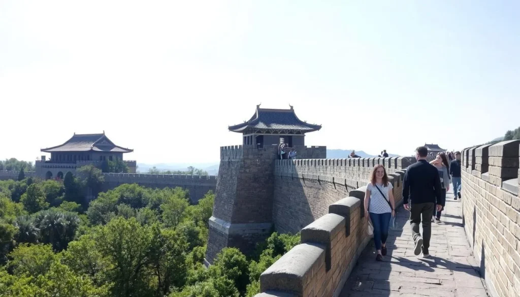 Generate an image of a section of the Nanjing City Wall with visitors walking along its top.