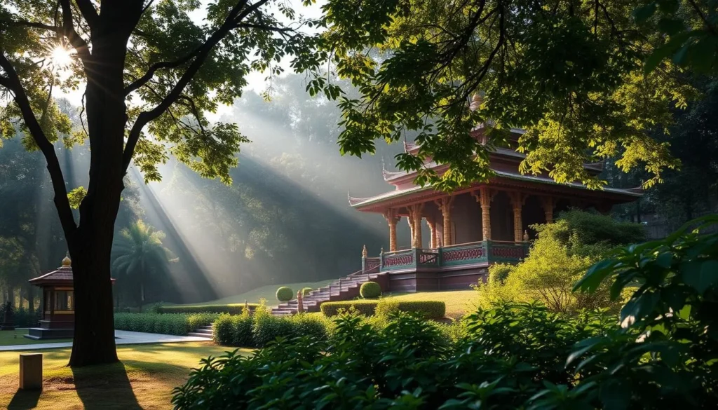 Generate an image of a serene Buddhist monastery in Lumbini, Nepal.