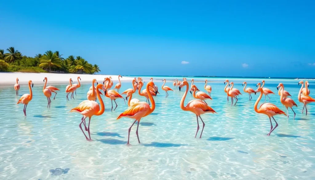 Generate an image of a serene Flamingo Beach on Renaissance Private Island with flamingos wading in turquoise waters. Generate an image of a serene Flamingo Beach on Renaissance Private Island with flamingos wading in turquoise waters.