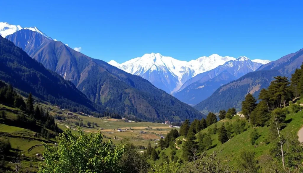 Generate an image of a serene Himalayan landscape near Panauti
