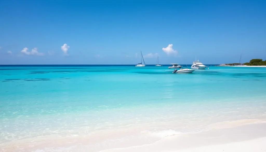 Generate an image of a serene Klein Bonaire beach with crystal-clear waters and a few boats anchored nearby.