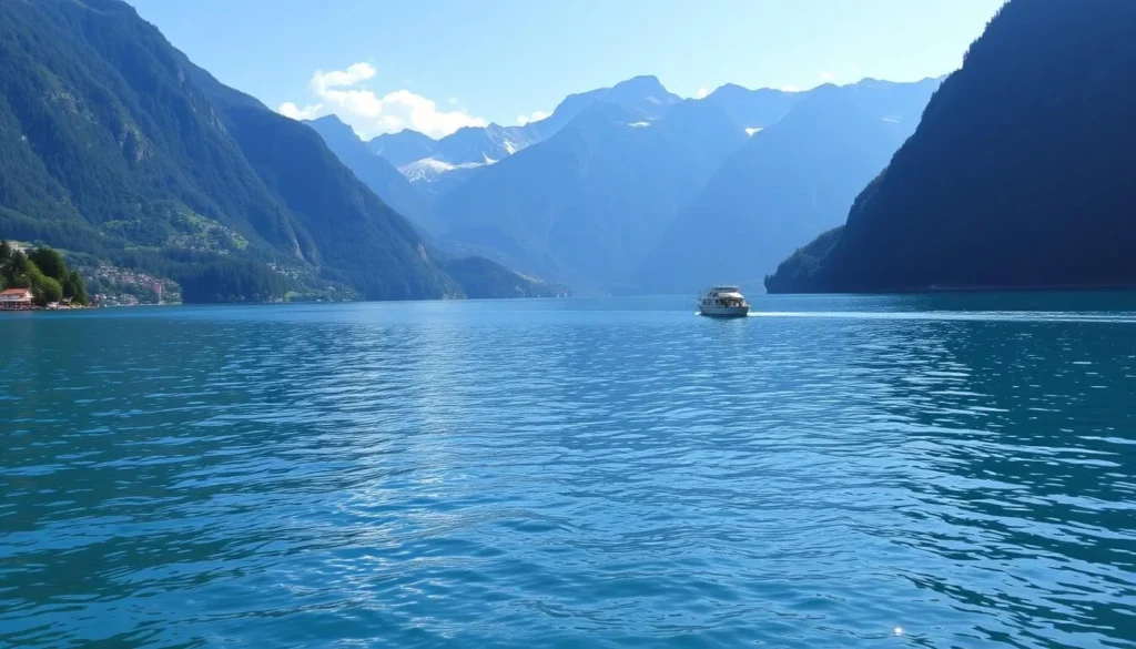 Generate an image of a serene Lake Lucerne with a boat cruising in the distance.