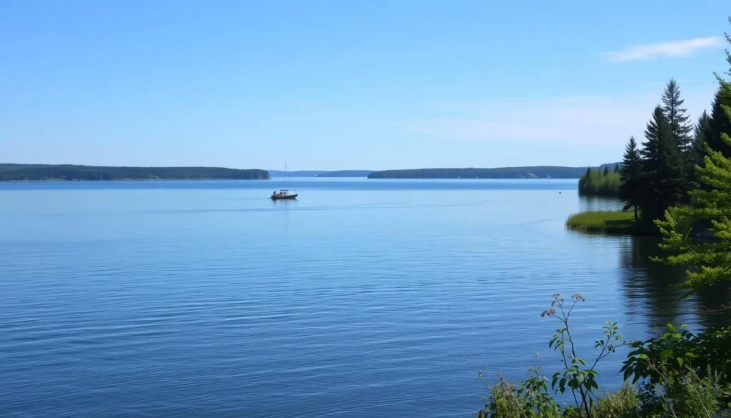 Generate an image of a serene Lake Winnibigoshish with a fishing boat in the distance.