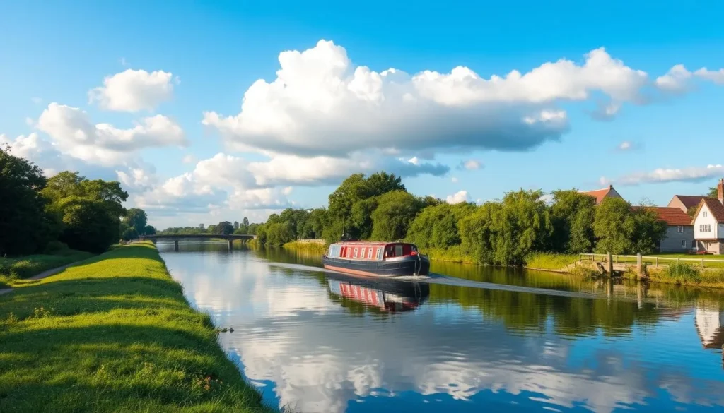 Generate an image of a serene Lancaster Canal scene with a boat gliding through the water.