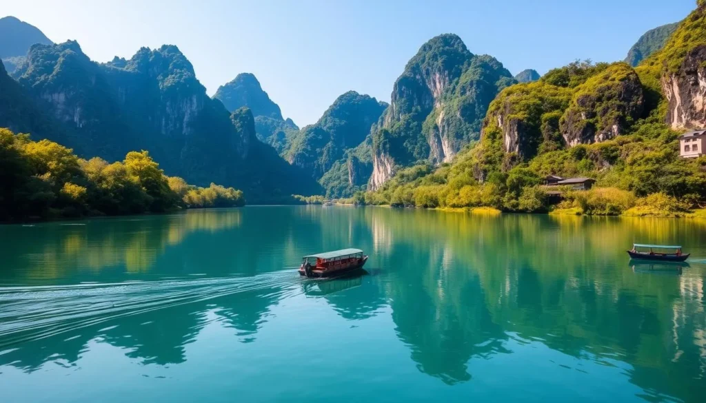 Generate an image of a serene Li River cruise surrounded by karst landscapes