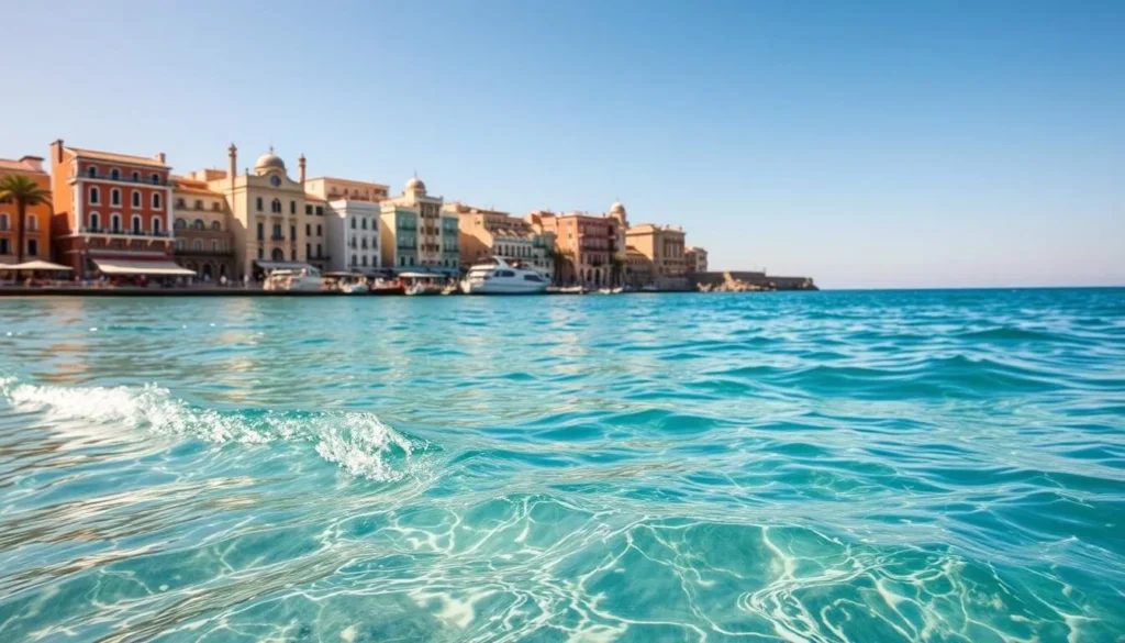 Generate an image of a serene Mediterranean beach in Algeria with clear waters and a backdrop of historic coastal architecture.